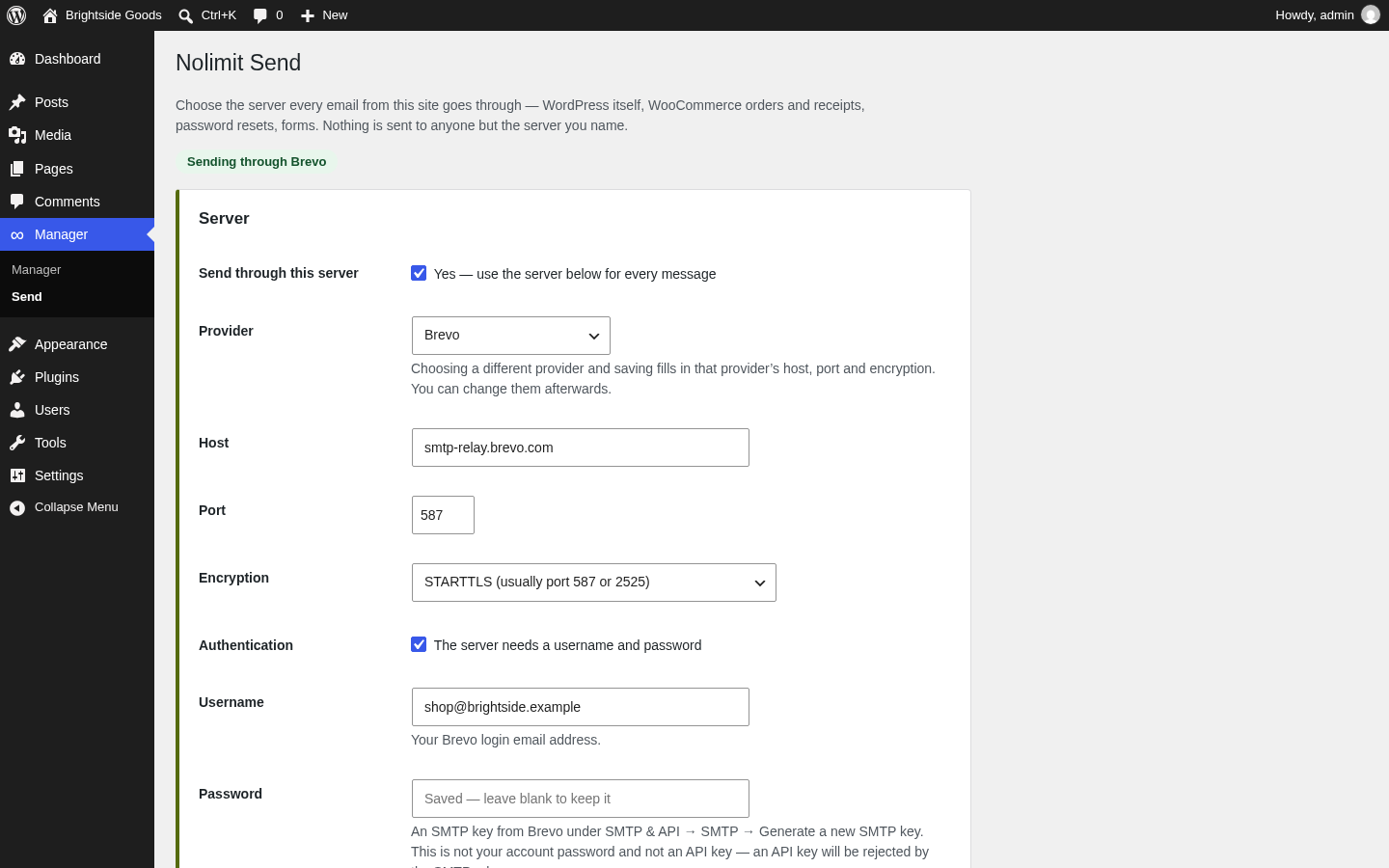 Nolimit Send — the screen where you pick how the site sends mail
