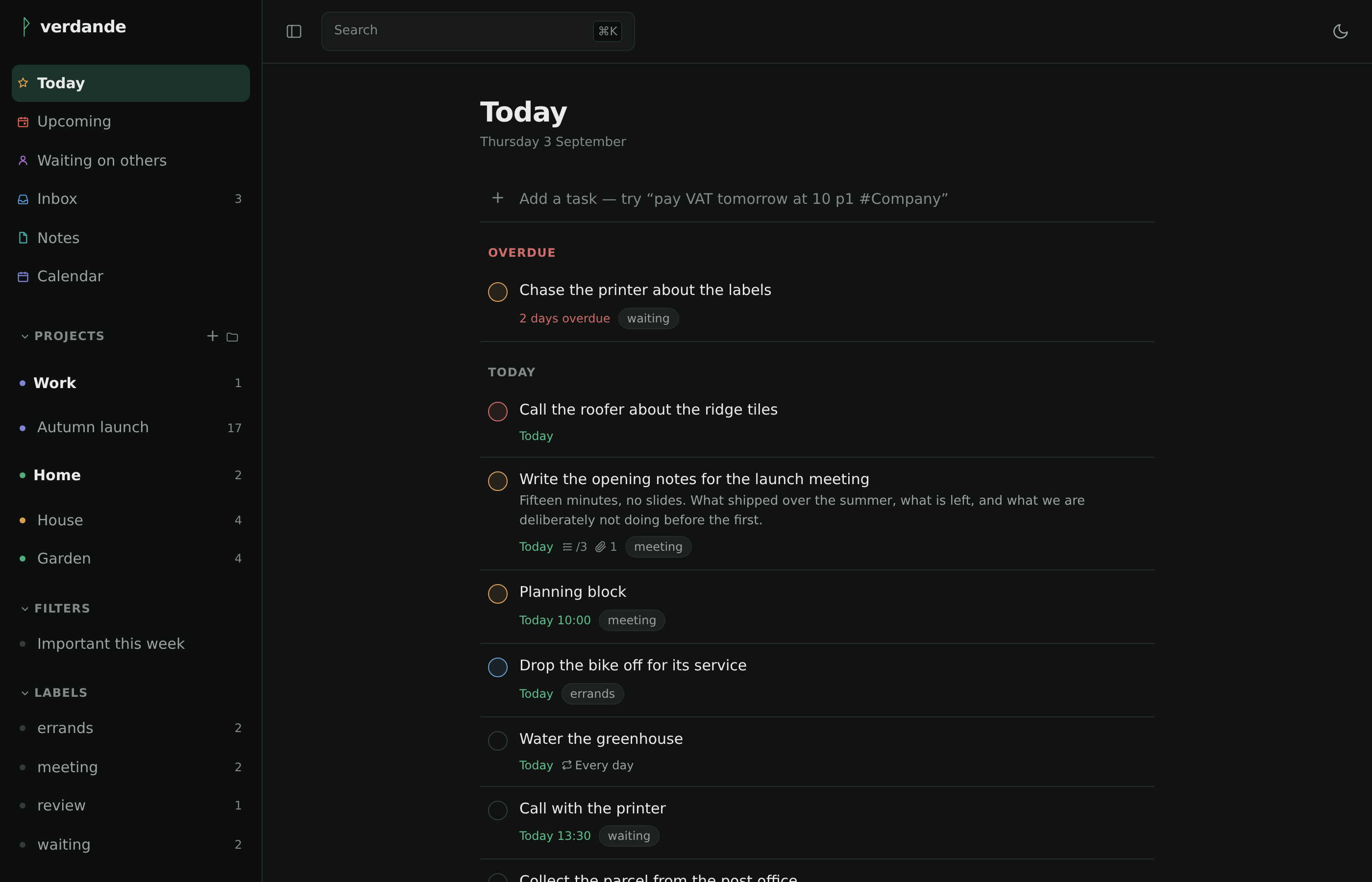The Today view: projects, filters and labels in the sidebar, beside the tasks due today.