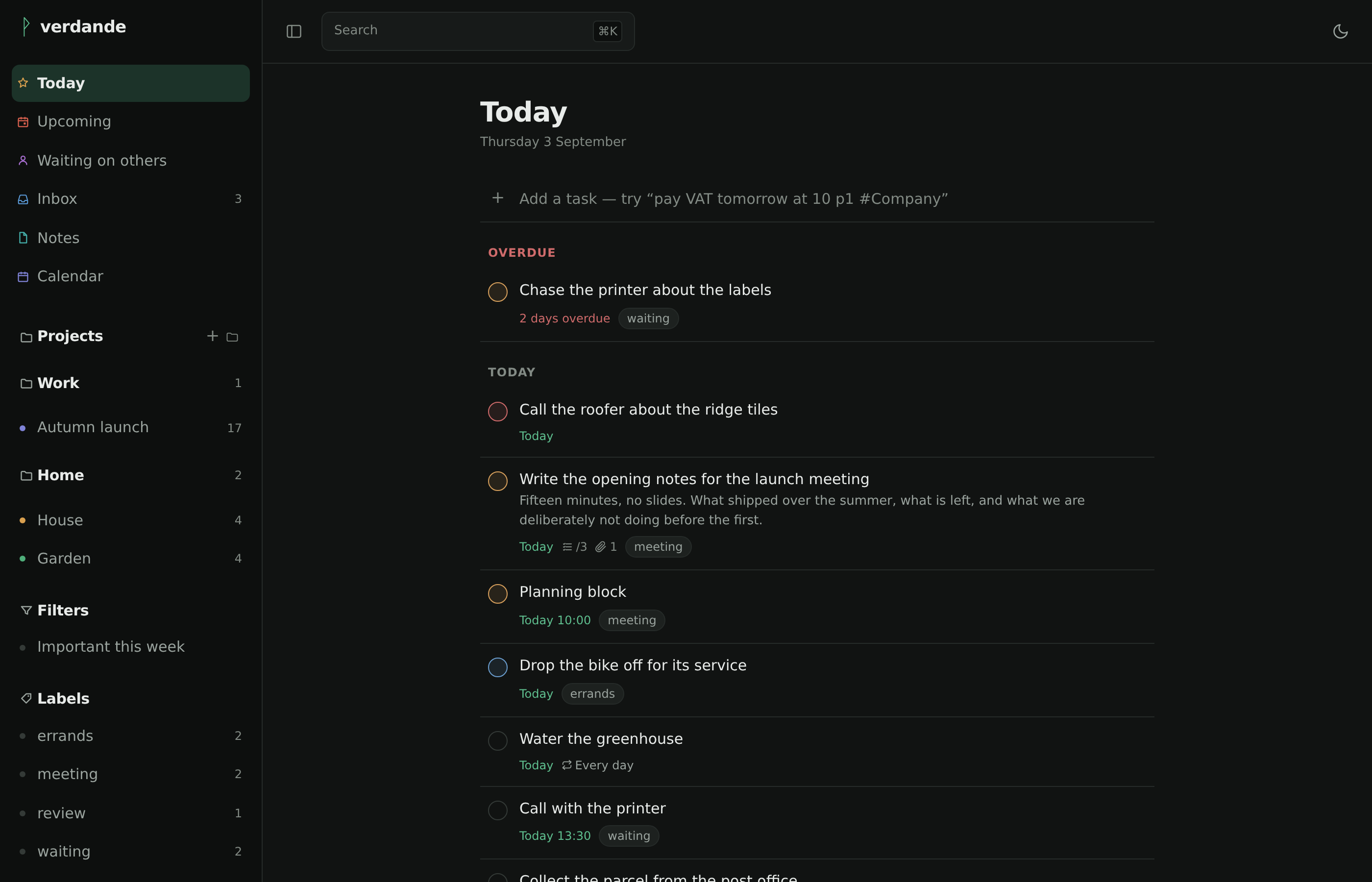 The Today view: projects, filters and labels in the sidebar, beside the tasks due today.