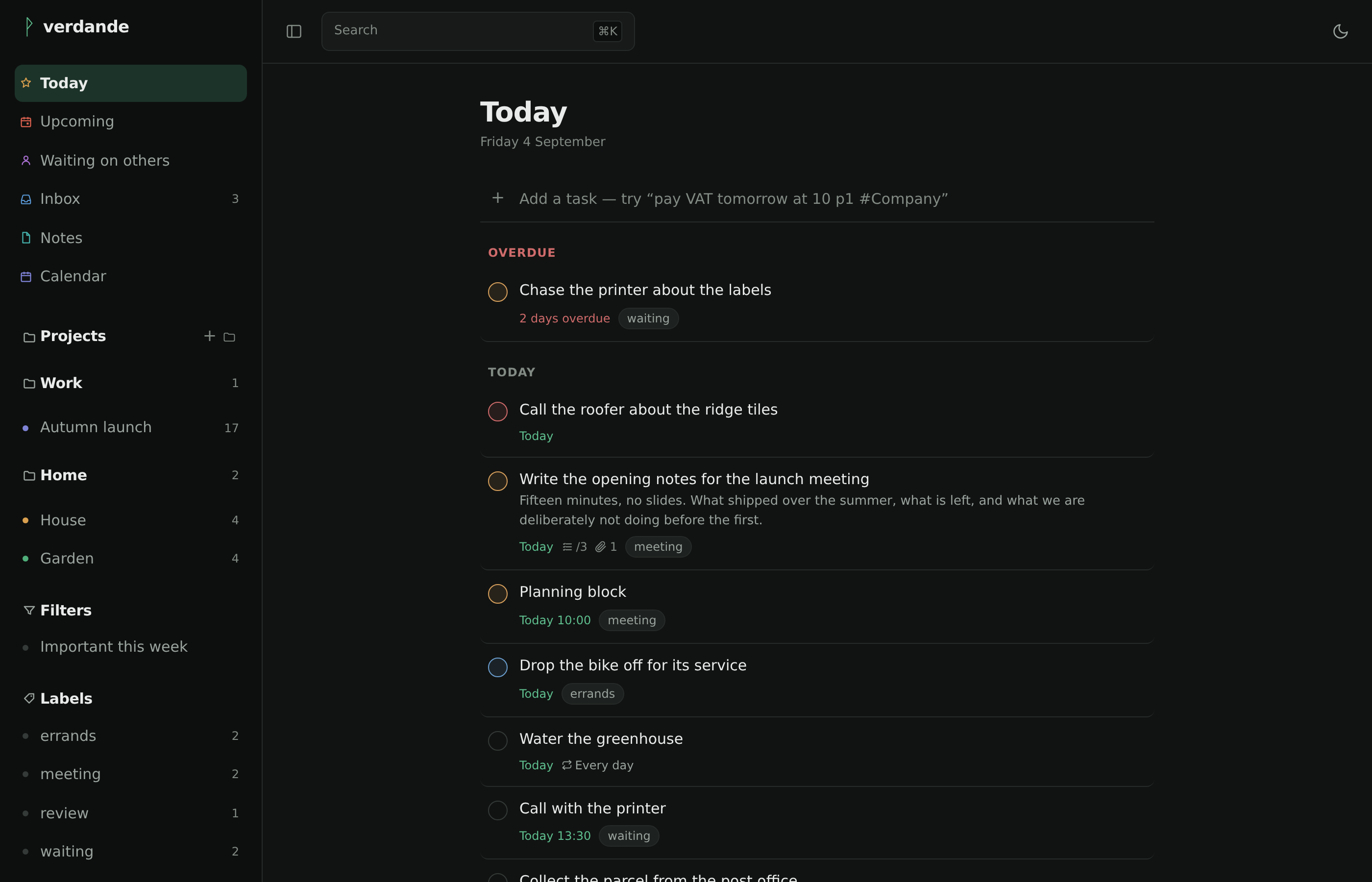 The Today view: projects, filters and labels in the sidebar, beside the tasks due today.